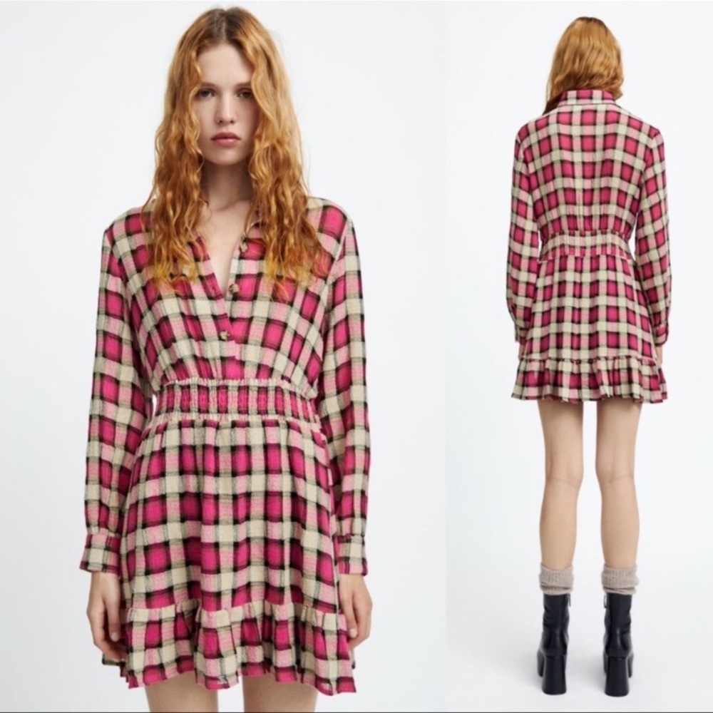 Zara Check Shirt Dress Multicolored Mini Length